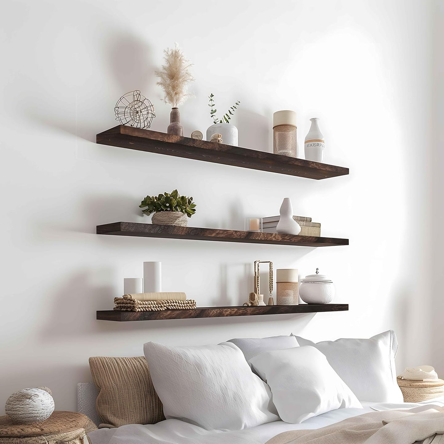 Wood Floating Shelves for Wall Decor, Rustic Wall Shelves for Bedroom Bathroom Kitchen Living Room, Set of 4 Walnut 36 Inch - NestledHome
