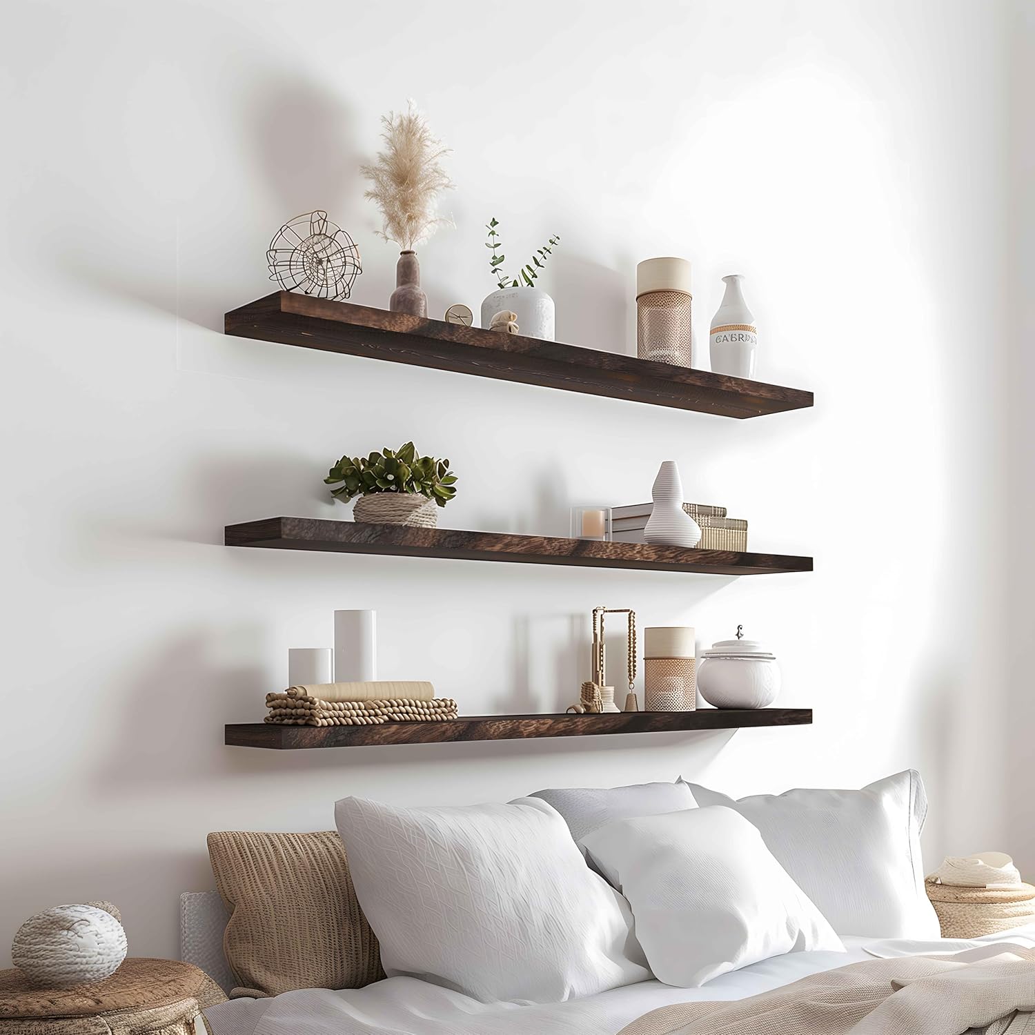 Wood Floating Shelves for Wall Decor, Rustic Wall Shelves for Bedroom Bathroom Kitchen Living Room, Set of 4 Walnut 36 Inch - NestledHome