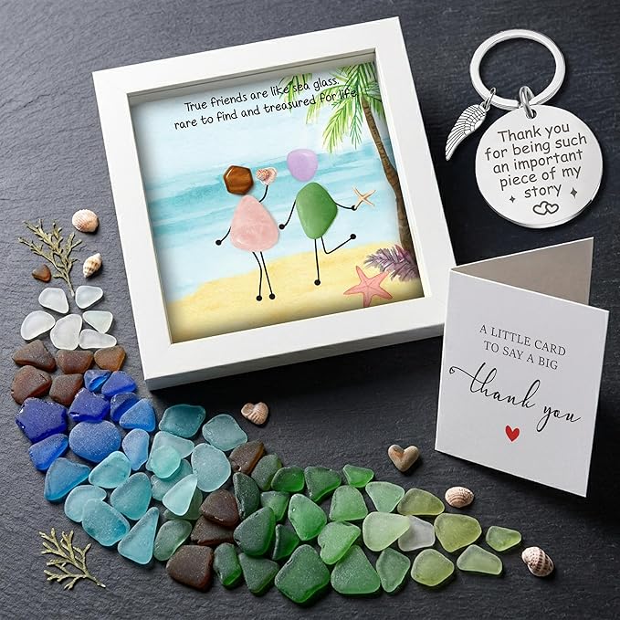 Friendship Birthday Gifts for Women, 5.5" Sea Glass Art Frame Best Friend Wall Art Decor, Engraved Bestie Keychain, Thank You Card, Appreciation Presents for Her Sisters, BFF, Besties, Friends S94-55