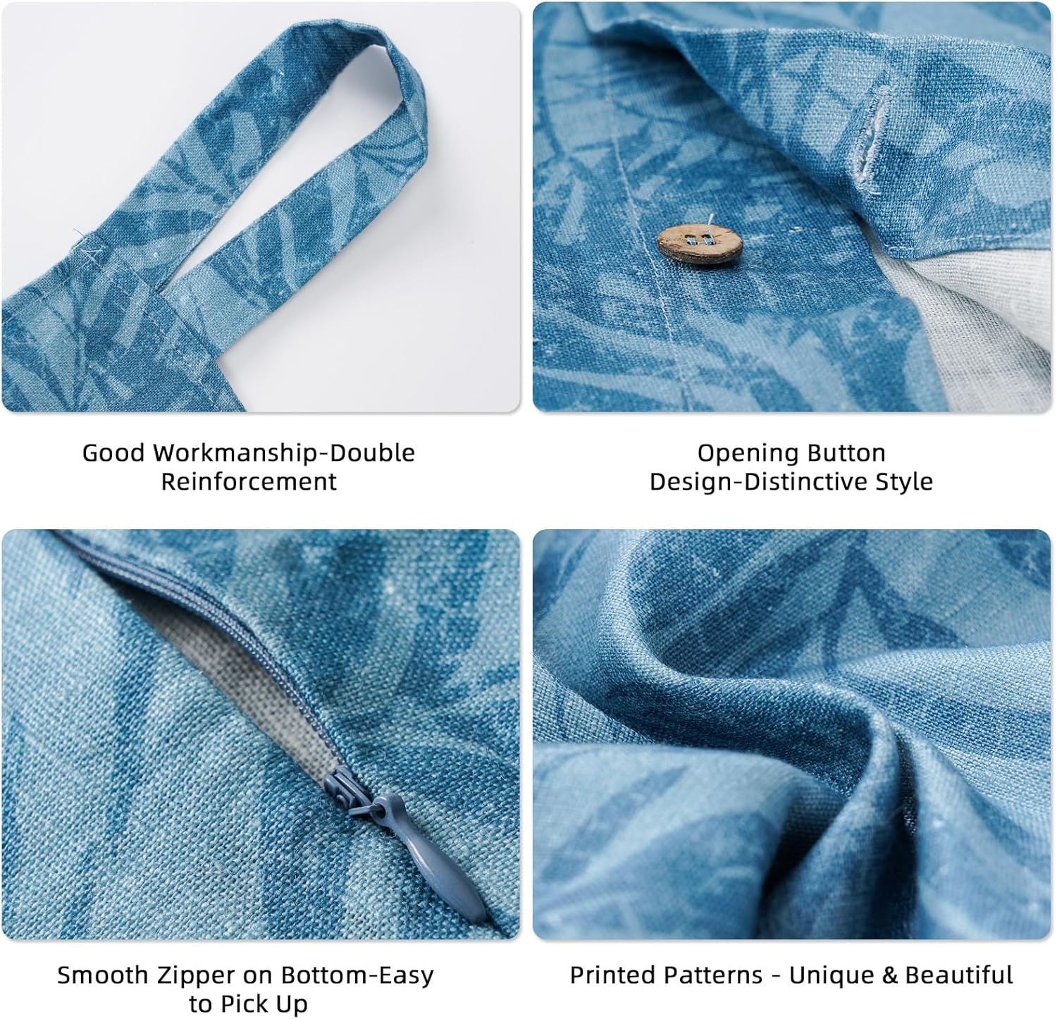 Linen Hanging Laundry Bag, 100% Linen Leaf Print Over The Door Laundry Hamper with Buttons and Zipper, Space Saving Door Hampers for Laundry Dirty Clothes Home Travel, Blue, 19.7x27.5inches - NestledHome
