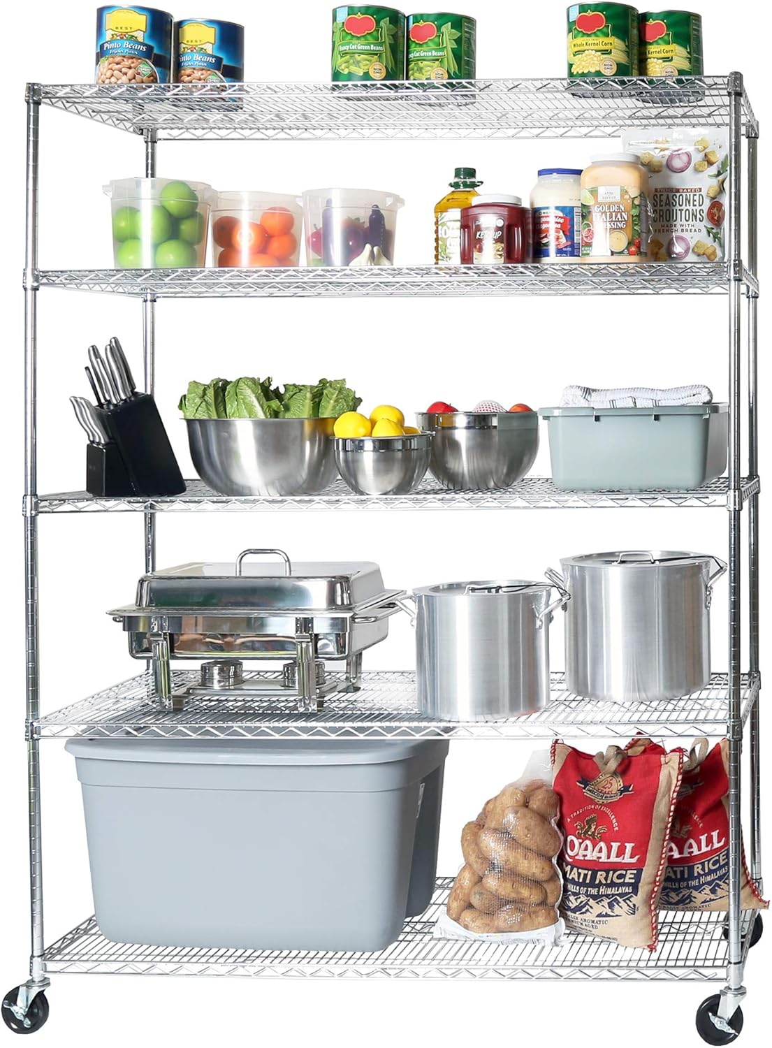 Seville Classics UltraDurable Heavy Duty NSF Solid Steel Wire Rack Storage Unit Wheels, 5-Tier Shelving, 60" W x 24" D - NestledHome