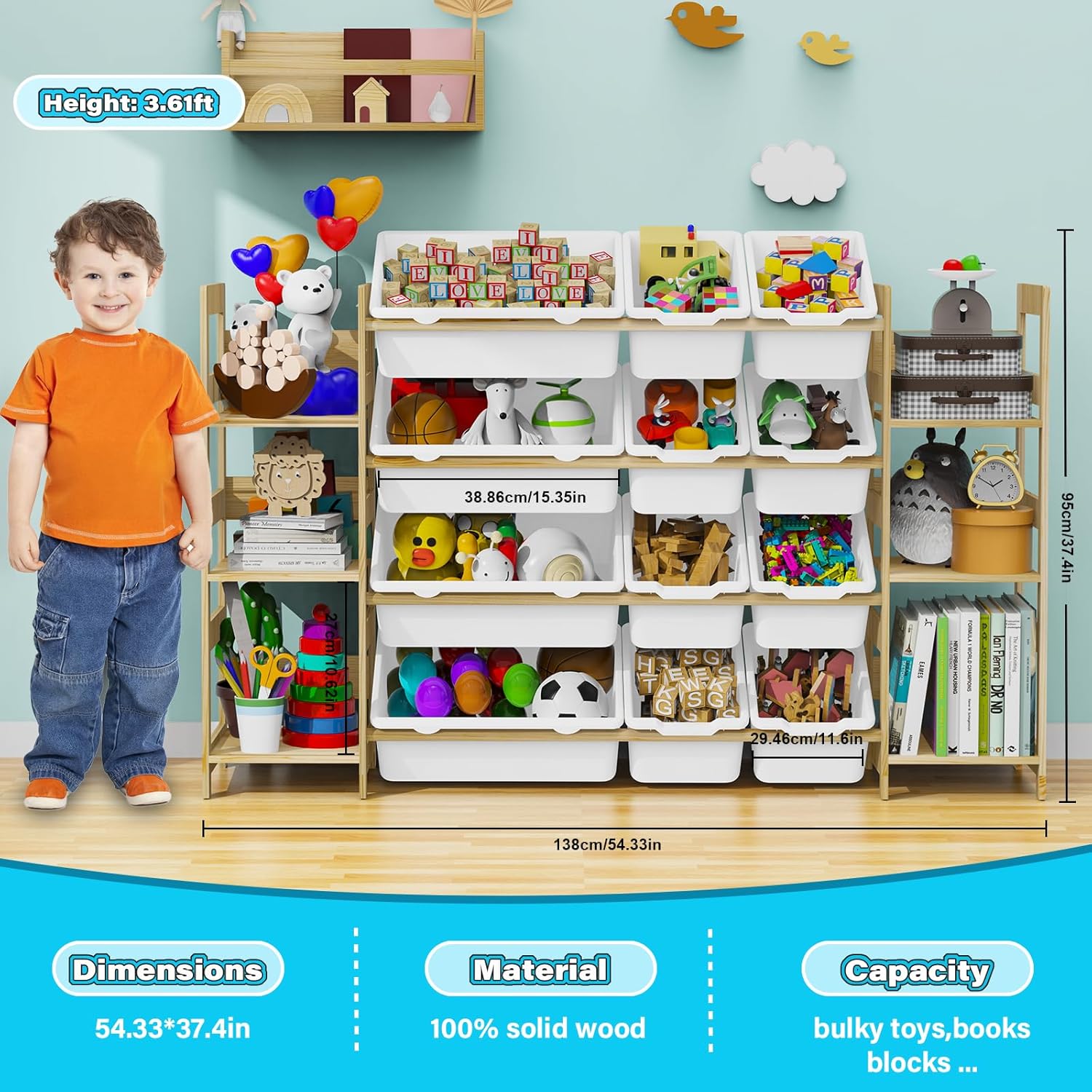 Toy Storage Organizer, with 4-Tier Toy Shelf and 12 Bins, Kids Bookshelf and Toy Storage with 6 Shelves for Kids Room Bedroom Playroom Nursery Room - NestledHome