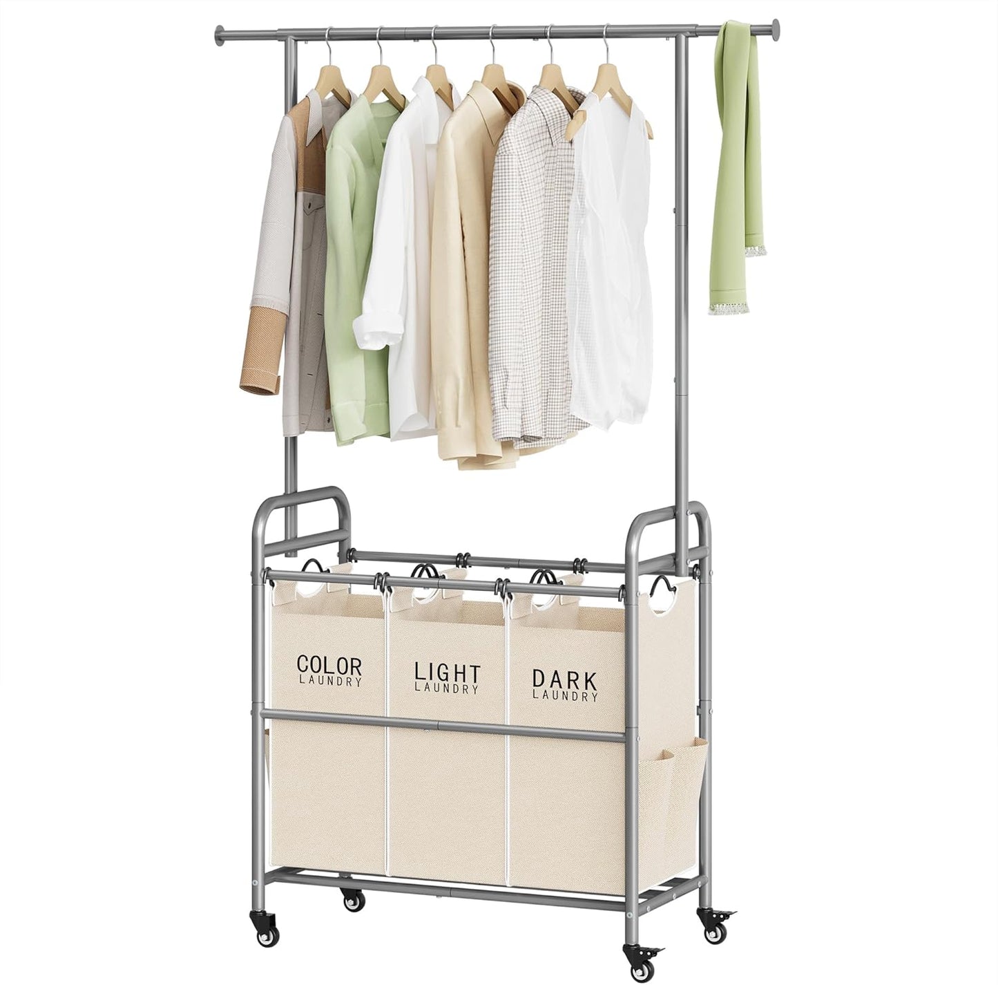Tajsoon Laundry Hamper with Hanging Rack, 3 Section Laundry Sorter with Heavy Duty Lockable Wheels, Laundry Basket Organizer for Dirty Clothes Storage, 3 Beige - NestledHome