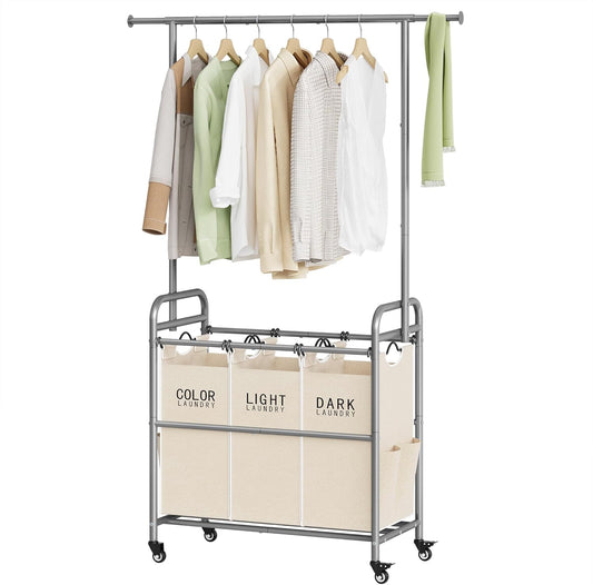 Tajsoon Laundry Hamper with Hanging Rack, 3 Section Laundry Sorter with Heavy Duty Lockable Wheels, Laundry Basket Organizer for Dirty Clothes Storage, 3 Beige - NestledHome