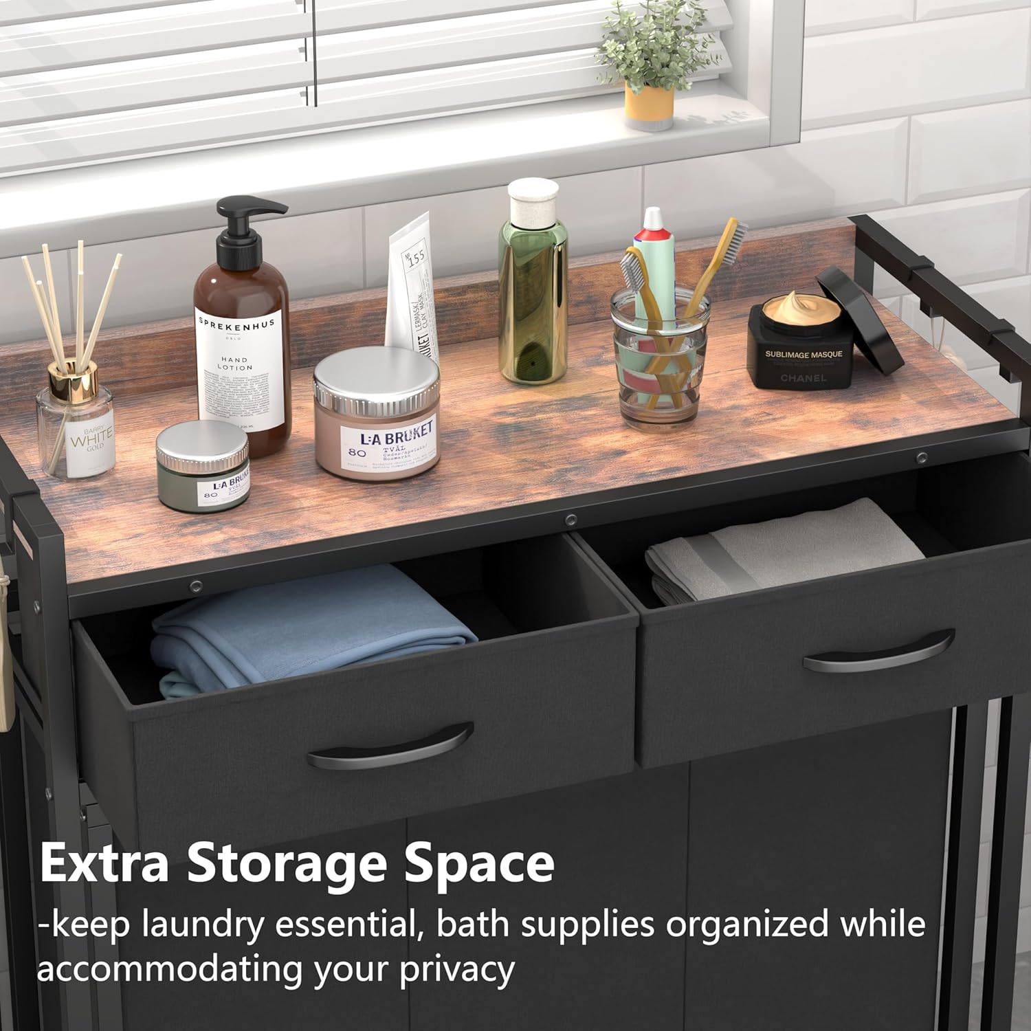 Laundry Hamper Laundry Basket with 3 Section Pull-Out Rolling Bags, Laundry Sorter for Organization and Storage with 2 Pull-Out Drawers for Laundry Room, Bathroom, Bedroom Use (Rustic Brown) - NestledHome