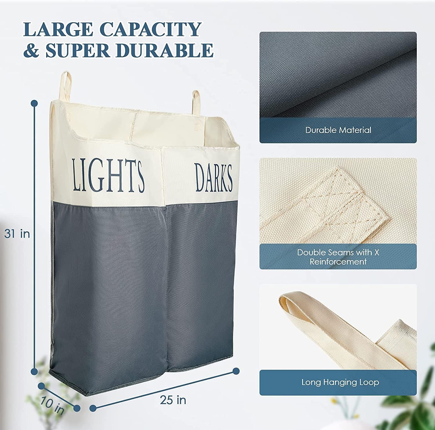 The Fine Living Co. X-Large Two Compartments Hanging Laundry Hamper with Over Door Hooks, Durable Space Saving Laundry Bag Storage with Bottom Zipper, Wide Open Top Dark/Light Compartment(25"x10"x31") - NestledHome