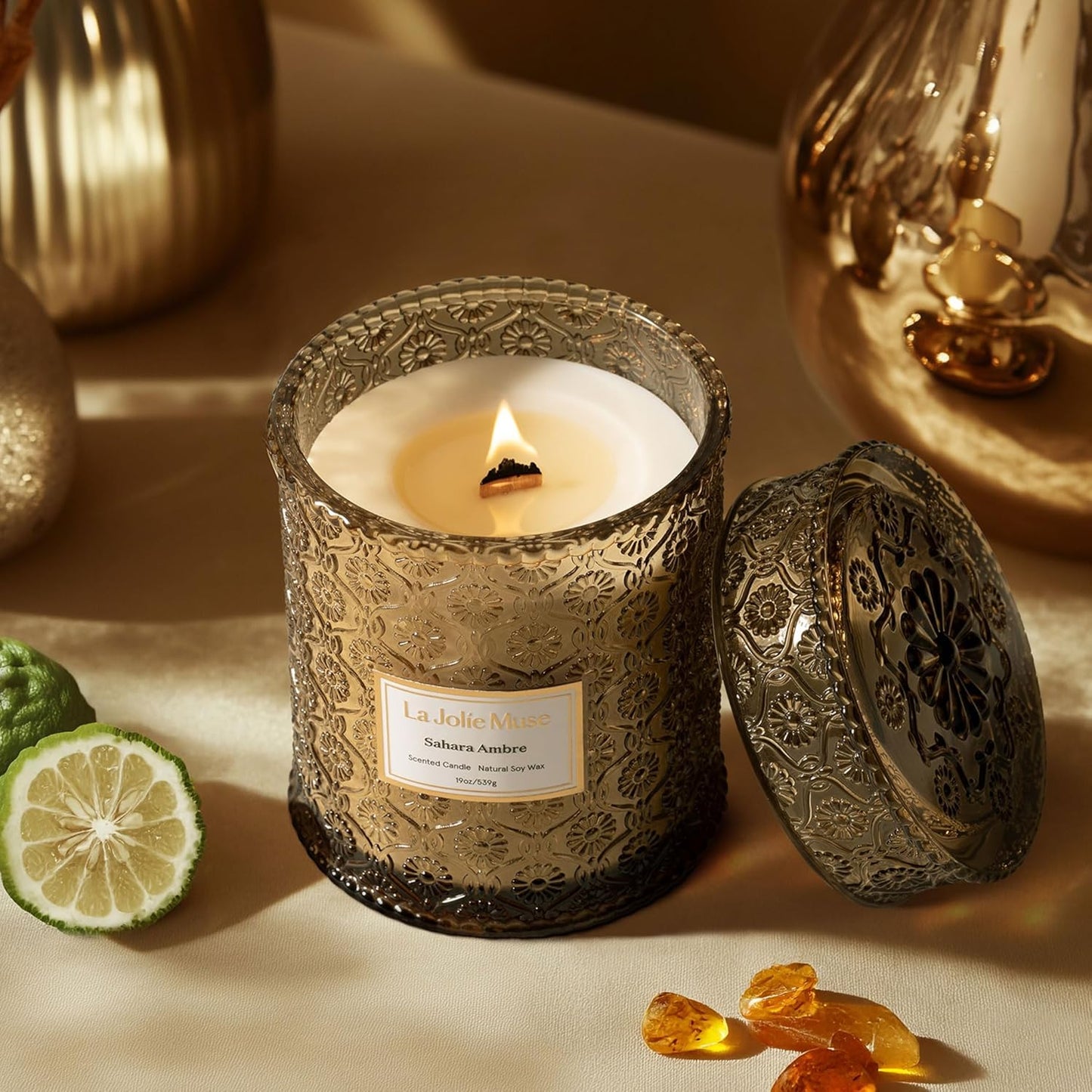 LA JOLIE MUSE Fall Candle | Sahara Amber Candle – Bergamot, Clove & Amber | 19 oz Wooden Wick | Natural Soy Wax | 90 Hours Clean Burn | Gift-Ready for Cozy Nights | Elevated Fall Décor - NestledHome