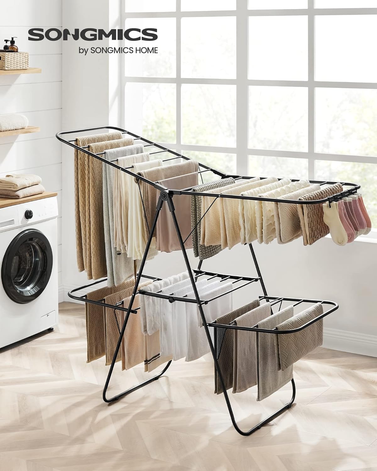 SONGMICS Clothes Drying Rack, Foldable 2-Level Laundry Drying Rack, Free-Standing Laundry Airer, with Height-Adjustable Wings, 33 Drying Rails, Sock Clips, Black ULLR053B01V1 - NestledHome