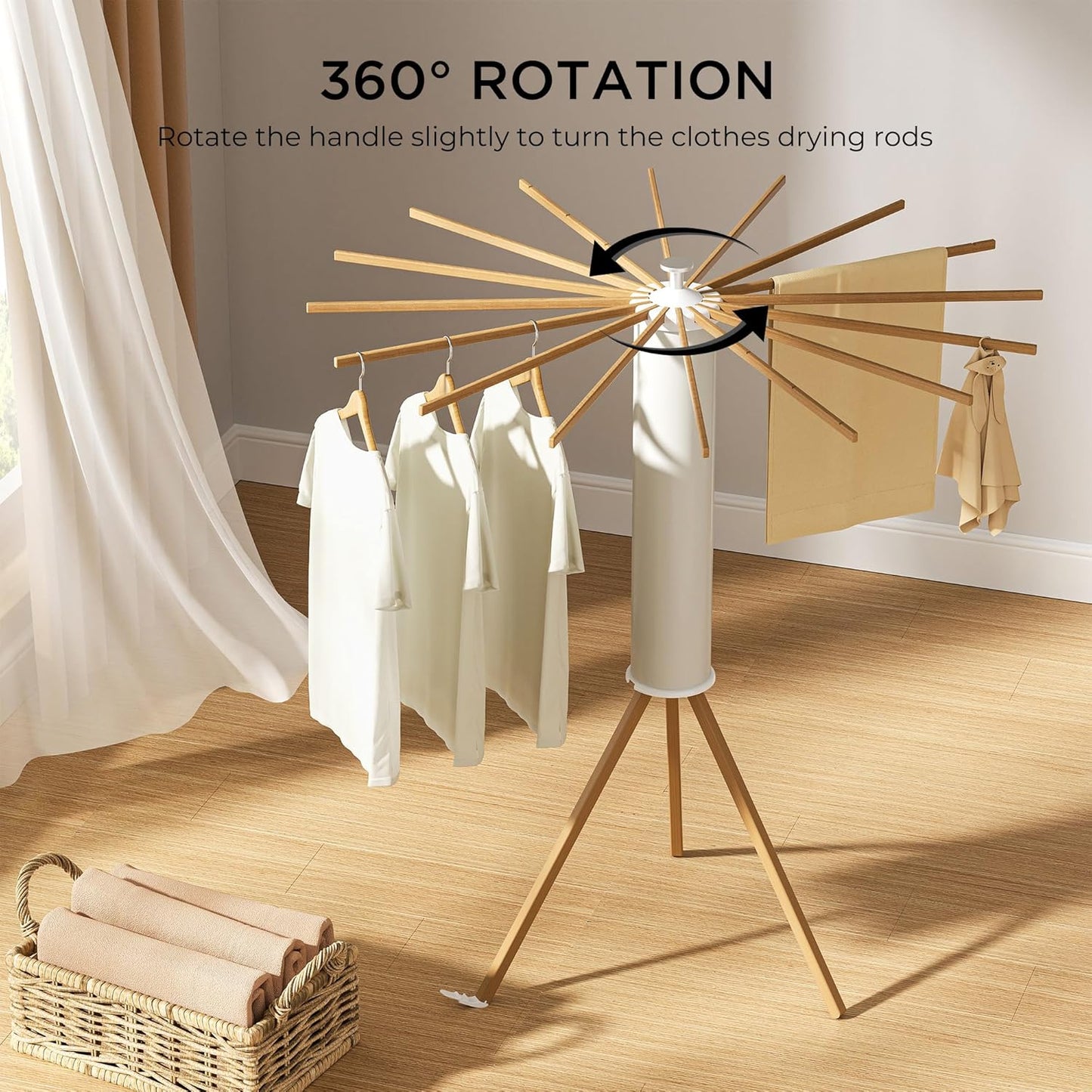 Tripod Clothes Drying Rack, Garment Rack Portable and Foldable Space Saving Laundry Drying Rack - Dryer Rack Clothing Floor Folding Balcony Bedroom Household (Beige(Wood), 16 rods) - NestledHome