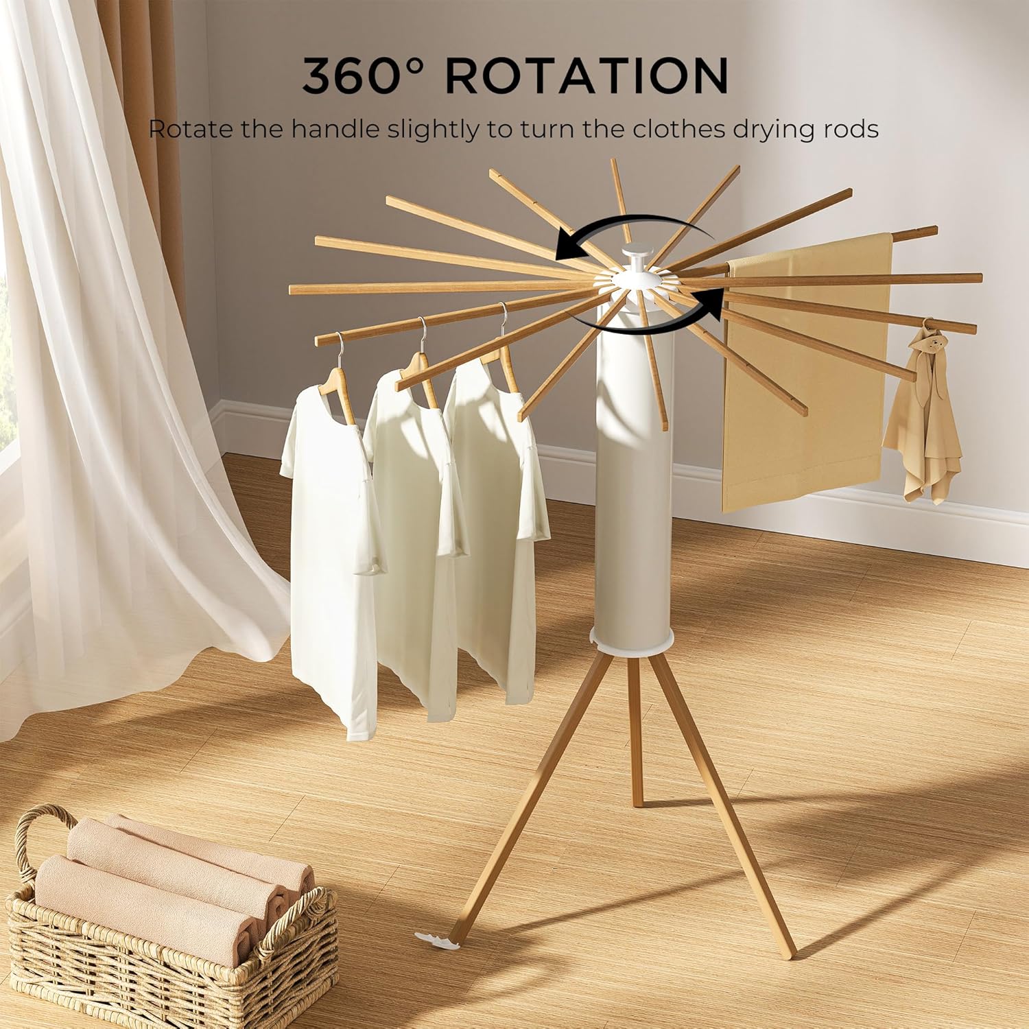 Tripod Clothes Drying Rack, Garment Rack Portable and Foldable Space Saving Laundry Drying Rack - Dryer Rack Clothing Floor Folding Balcony Bedroom Household (Beige(Wood), 16 rods) - NestledHome