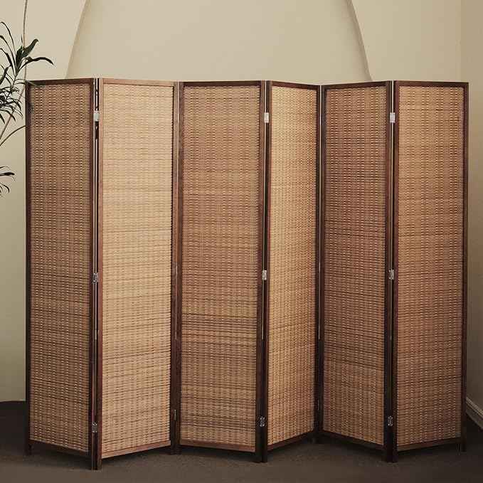 6 Panel Bamboo Room Divider – 5.6 ft Tall Folding Privacy Screen, Natural Brown Freestanding Partition Wall for Room Separation (67 x 92.1 inches)