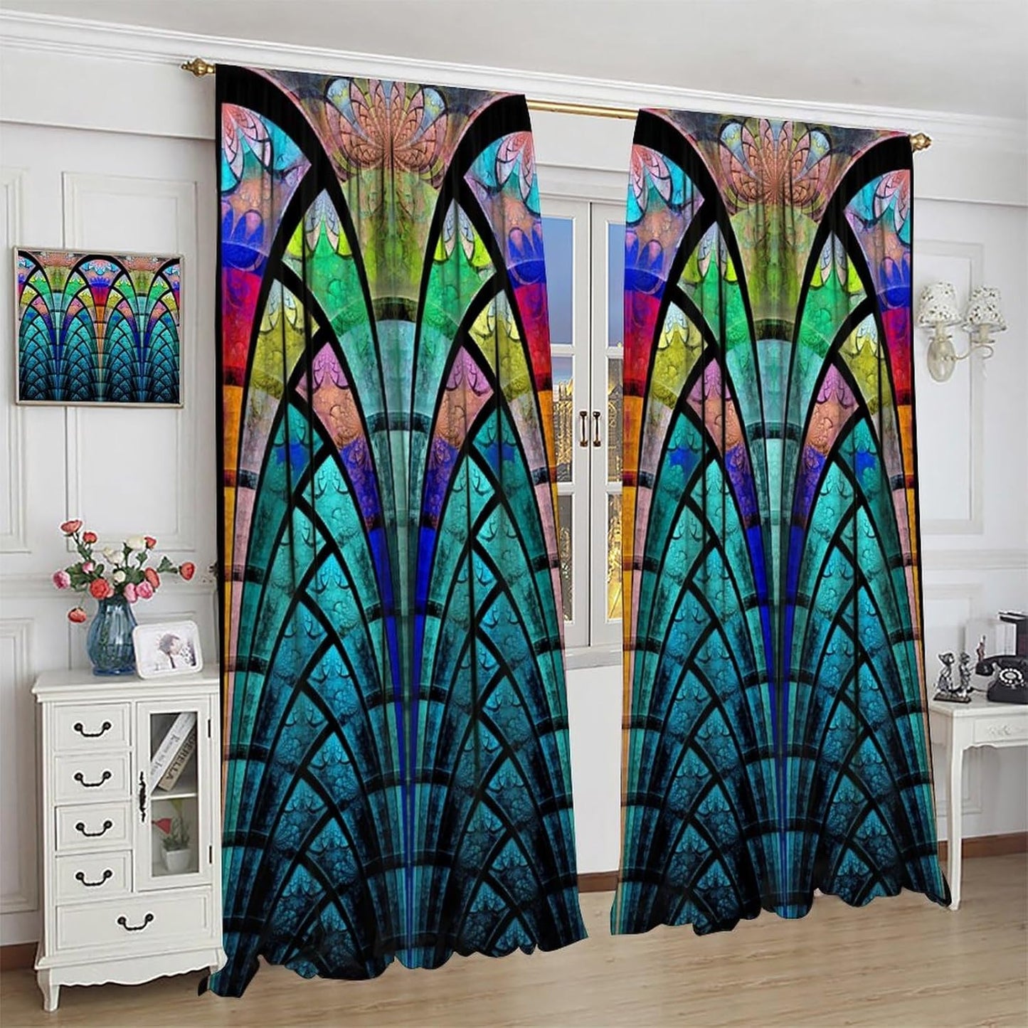 Stained Glass Curtains,Retro Design Style Colorful Abstract Art Home Decor Drapes for Bedroom Living Room Kitchen Window Treatment 2 Panels Set Total Size 84" W X 84" L Inch