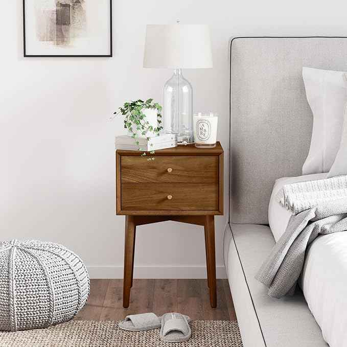 Nathan James 32704 Harper Mid-Century Oak Wood Nightstand with 2-Drawers, Small Side End Table with Storage, Brown