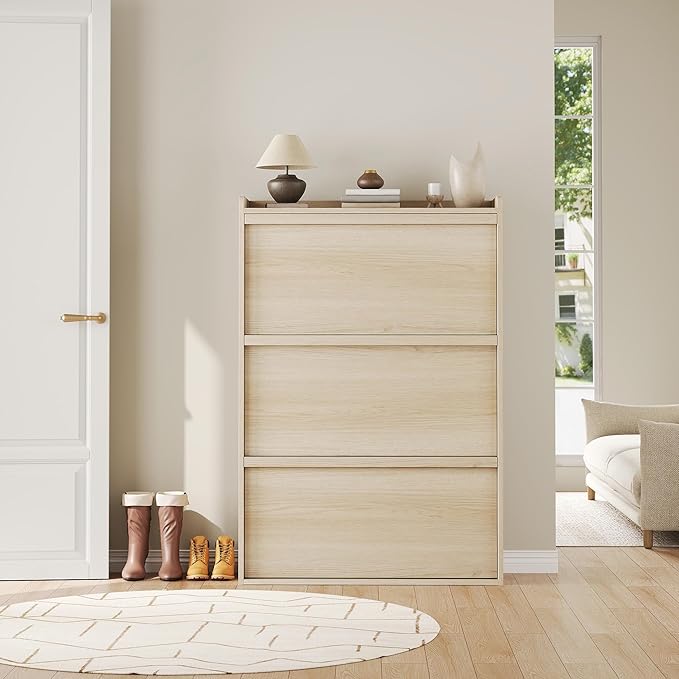 GarveeHome Shoe Cabinet with 3 Flip Drawers, Wooden Shoe Organizer Cabinet with Adjustable Shelf, Shoe Storage for Entryway, Hidden Shoe Cabinet for Hallway, Living Room, Natural Oak