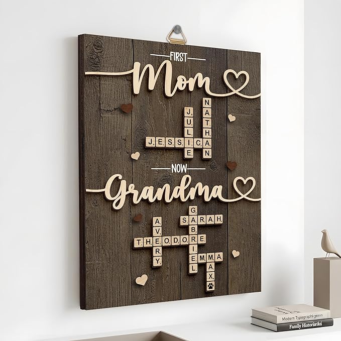 Personalized Family Scrabble Name Sign, Mom Gifts for Mothers Day from Son Daughter, Custom Crossword Tiles Letter Plaque, Birthday Gift for Nana, Grandma, Mimi, First Mom Now Grandma Keepsake