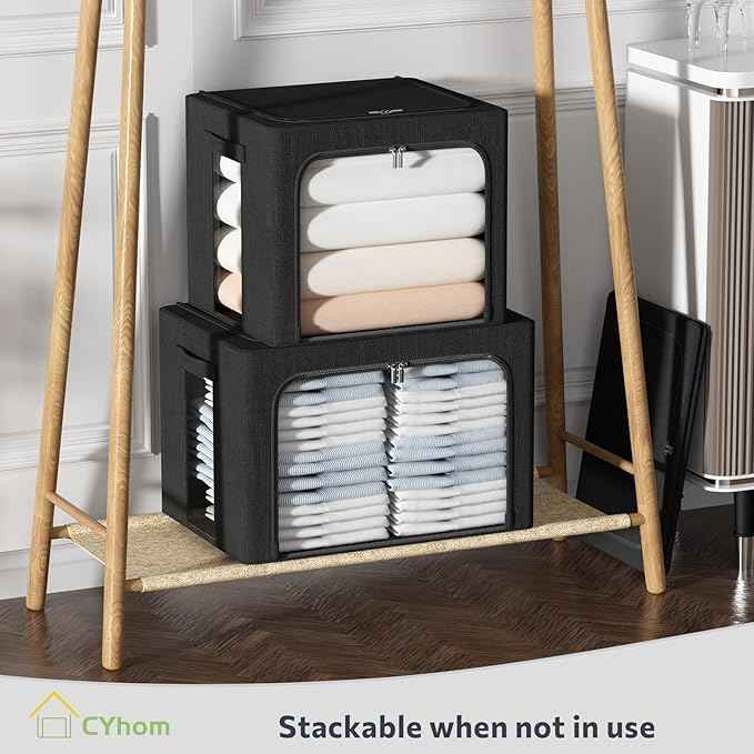 CYhom Clothes Storage Bins Box - Linen Fabric Foldable Stackable Container Organizer Set with Clear Window & Carry Handles & Metal Frame (Black, Medium-36L)