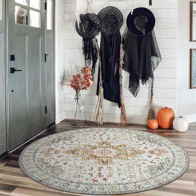 Moynesa Ultra-Thin Washable Round Rug - 4ft Oriental Circle Area Rugs for Bedroom Entryway, Vintage Non Slip Non Shedding Low Pile Carpet for Living Room Coffee Table Kitchen, Beige/Gold