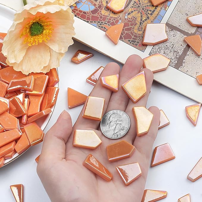 Youway Style Iridescent Glass Mosaic Tiles for Crafts Bulk,200g Orange Broken Mosaic Glass Pieces for Garden Crafts Kits,DIY Mosaic Art Decor