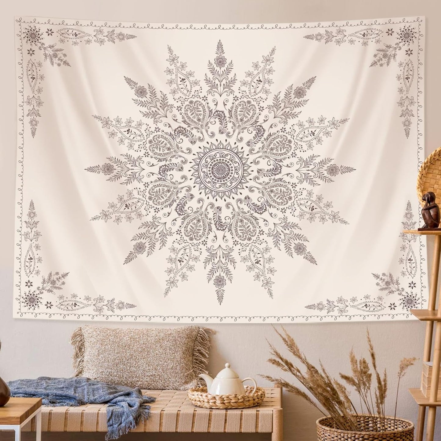 Lunerfex Boho Floral Tapestry Mandala Wall Tapestry, Cute Tapestries for Bedroom Beige Flower Tapestries Wall Hanging for Bedroom Living Room Decor Beige-2 44"x60"