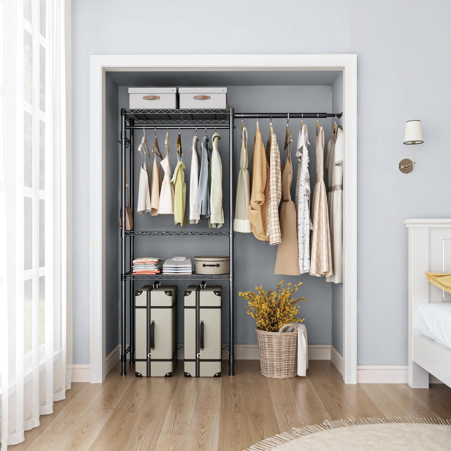 Over Washer and Dryer Shelves,3 Tier Adjustable Wire Shelving Laundry Room Storage Organization Clothes Drying Rack with Mounted on the Wall Expandable Hanger Rods&Hook,55"~74.5"Wx13.4"Dx77"H - NestledHome