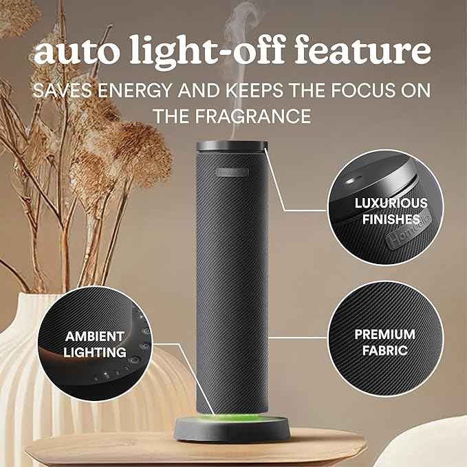Homedics SereneScent Waterless Essential Oil Diffuser, Cordless Rechargeable Aromatherapy Diffuser for Home, Large Room Scent Machine, Timer, App Control, 6 LED Lights, No Water Needed, Black