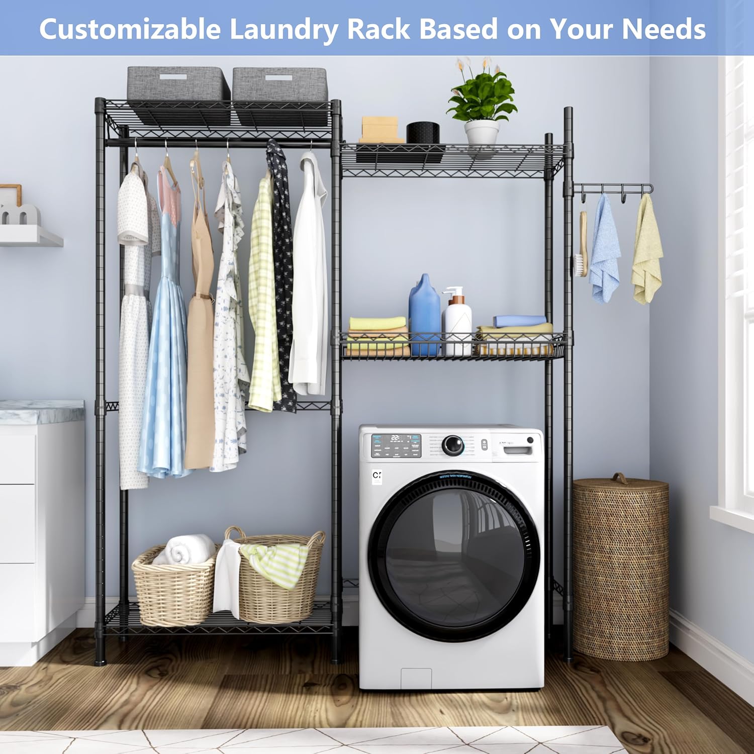 Over Washer and Dryer Shelves,Laundry Room Storage Organization Clothes Drying Rack,4 Tier Adjustable Height Wire Shelving with Wire Basket,Hanger Rod&Hook,Space Saving Shelf - NestledHome