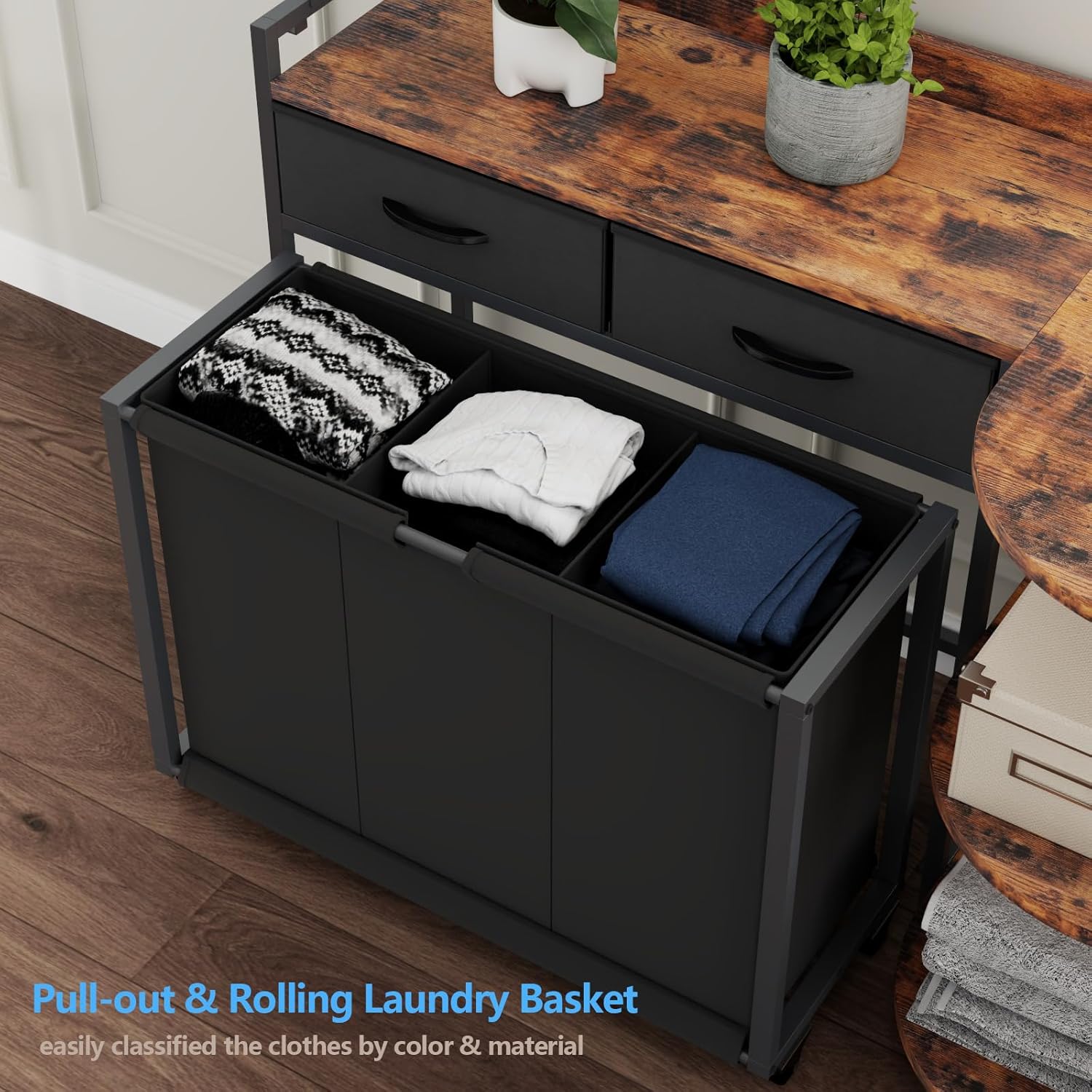 L Shaped Laundry Hamper Laundry Basket with 3 Section Pull-Out Rolling Bags & 3-Tier Storage Shelf, Laundry Sorter for Organization and Storage with 2 Drawers for Laundry Room - NestledHome