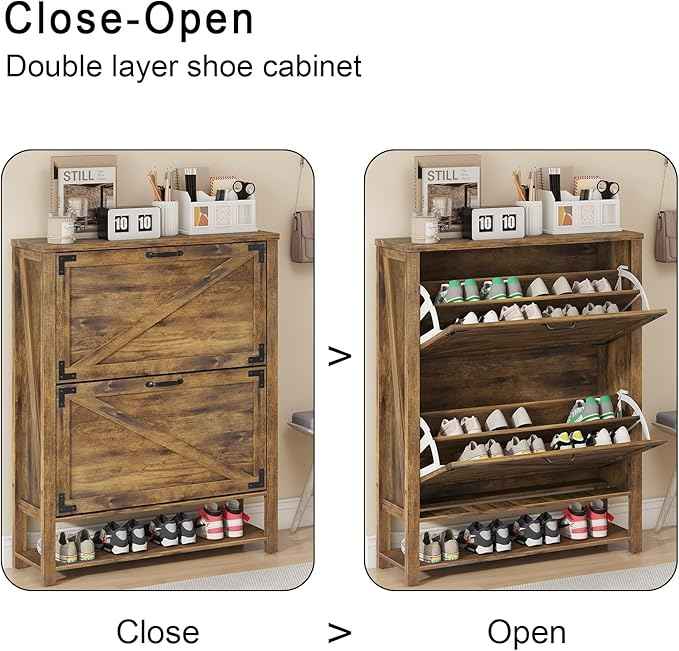 Vabches Shoe Storage Cabinet, Farmhouse Freestanding Organizer with 2 Flip Drawers, Wooden Hidden Narrow Slim Shoe Rack Cabinet for Entryway, Hallway, Foyer, Brown