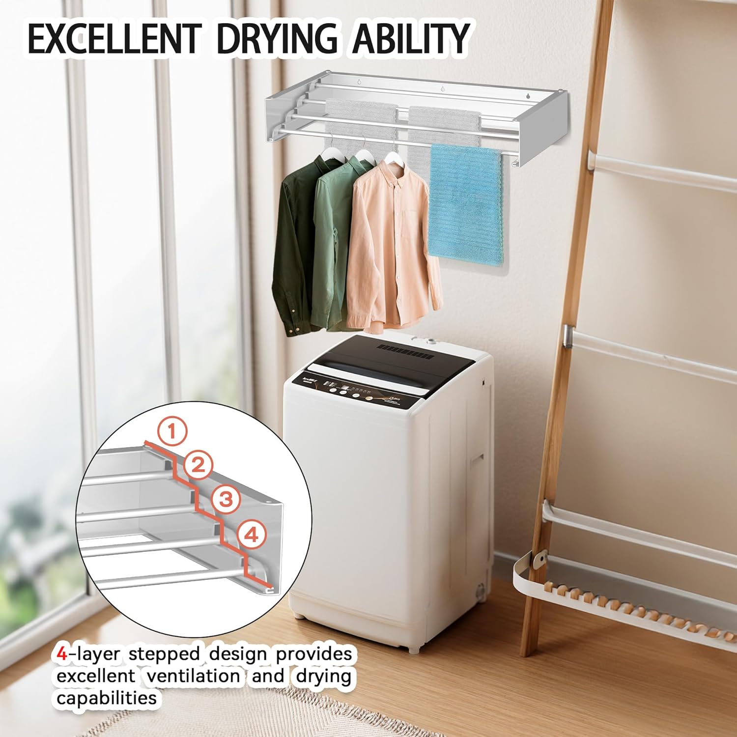 FOCHIER F Laundry Drying Rack Wall Mounted Clothes Drying Rack Collapsible with 4 Aluminum Rods and Drilling Template Long Screwdriver Bit 60 lbs Capacity (White, 23.6") - NestledHome