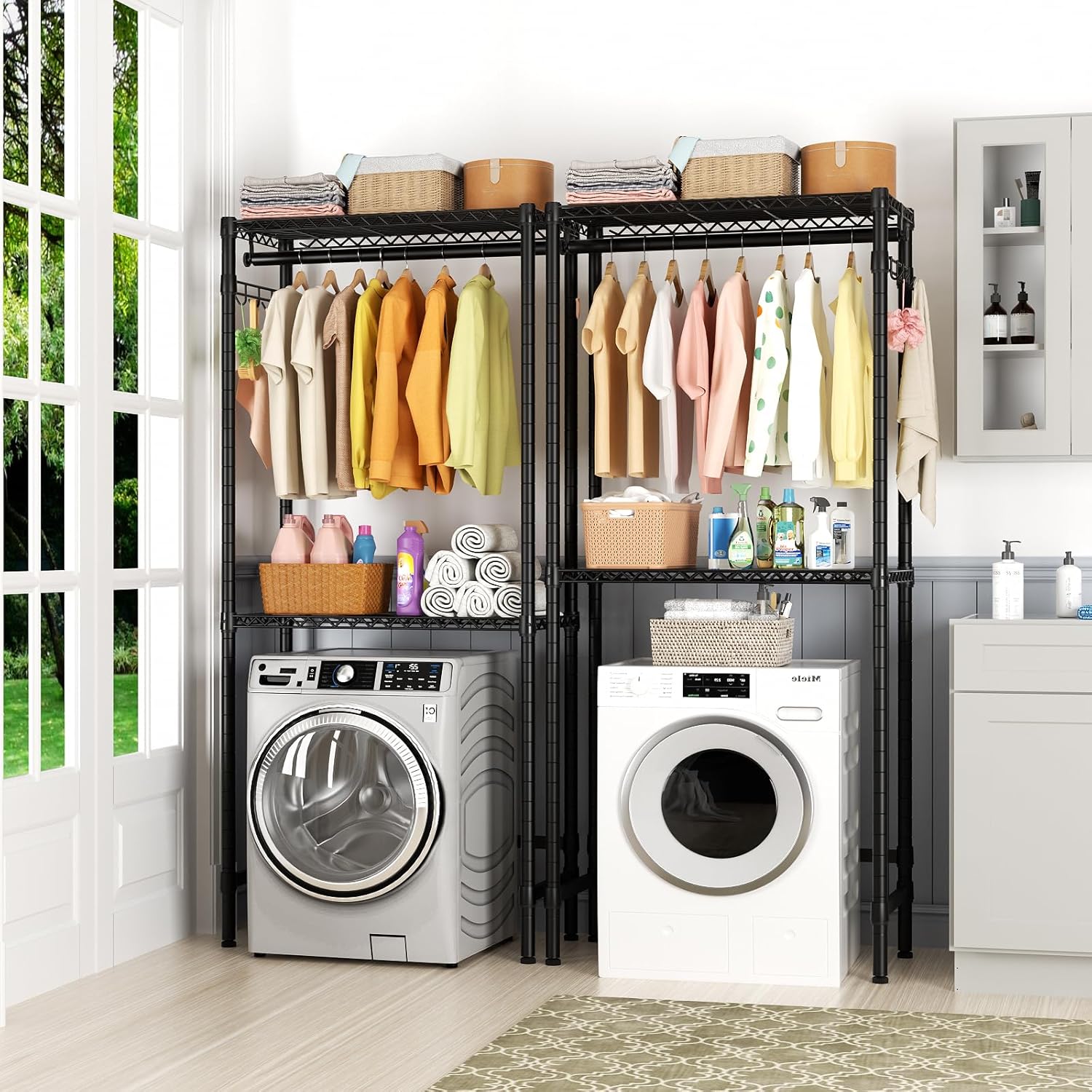 Over Washer and Dryer Shelves,2 Tier Adjustable Height Wire Shelving Laundry Room Storage Organization Clothes Drying Rack with Hanger Rod&Hooks,Space Saving Organizers Shelf,Black - NestledHome