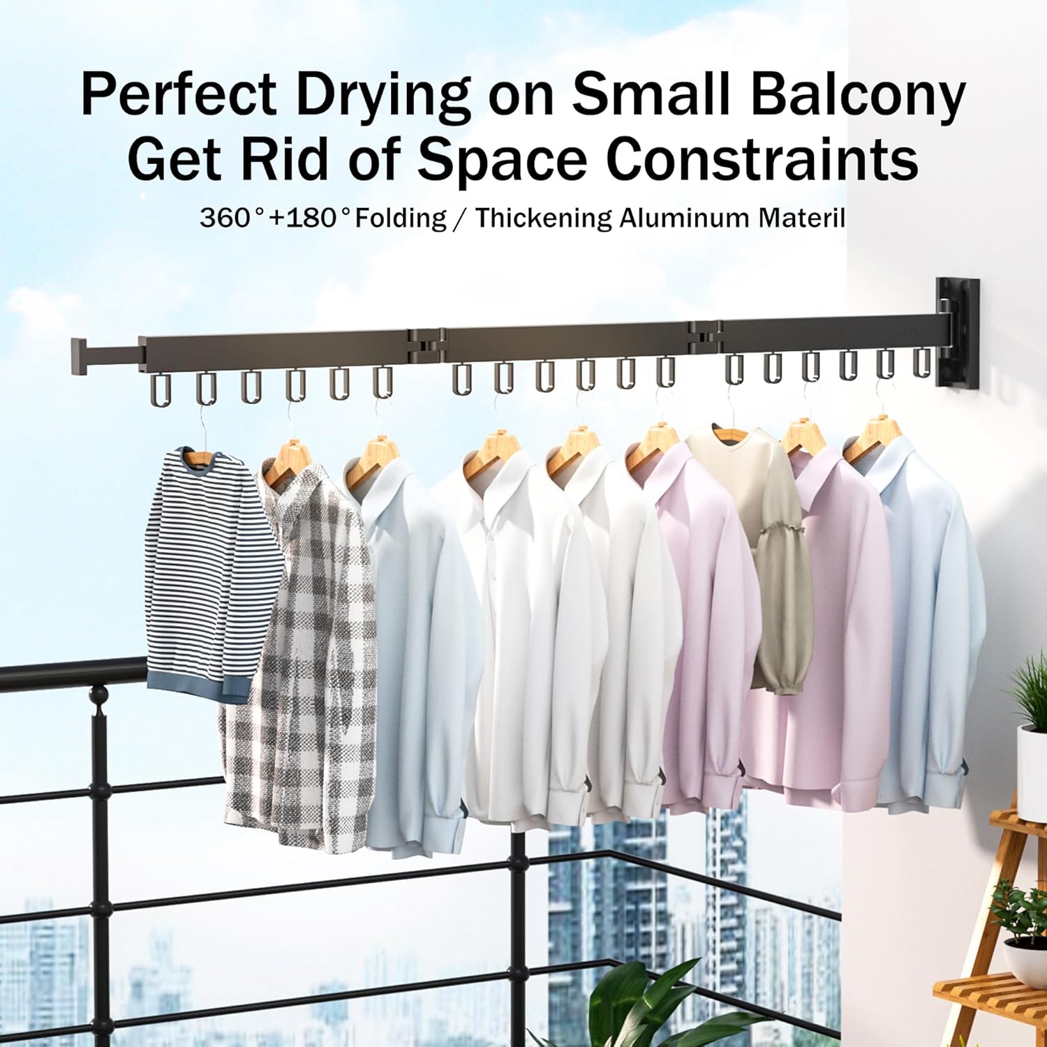 Space Saver Clothes Drying Rack, Wall Mounted, Retractable, Collapsible(Tri-Fold), for Balcony, Bathroom, Black Color - NestledHome