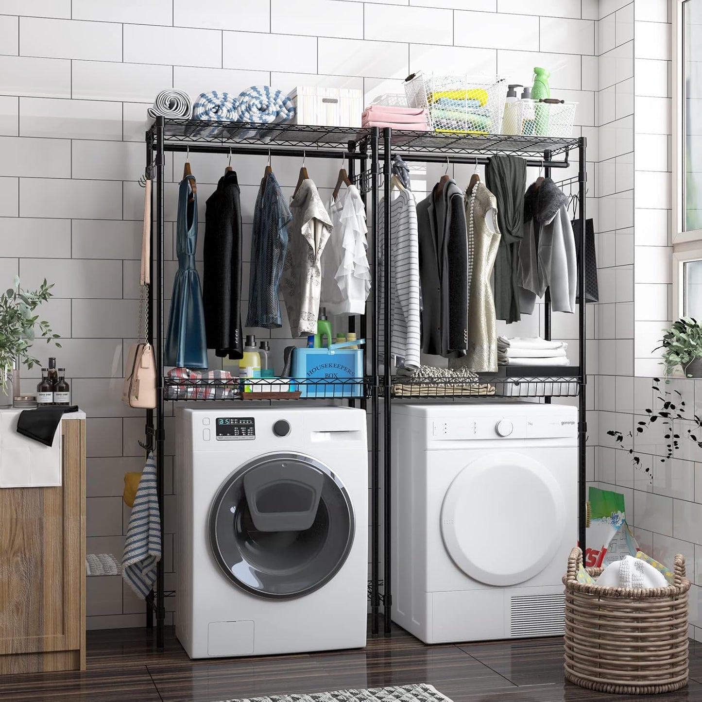 Xiofio Washer and Dryer Storage Shelf,Clothes Drying Rack,2 Tier Adjustable Height Storage Wire Basket with 2 Side Hook Laundry Shelves Used for Bathroom, Bedroom,Balcony,Black - NestledHome