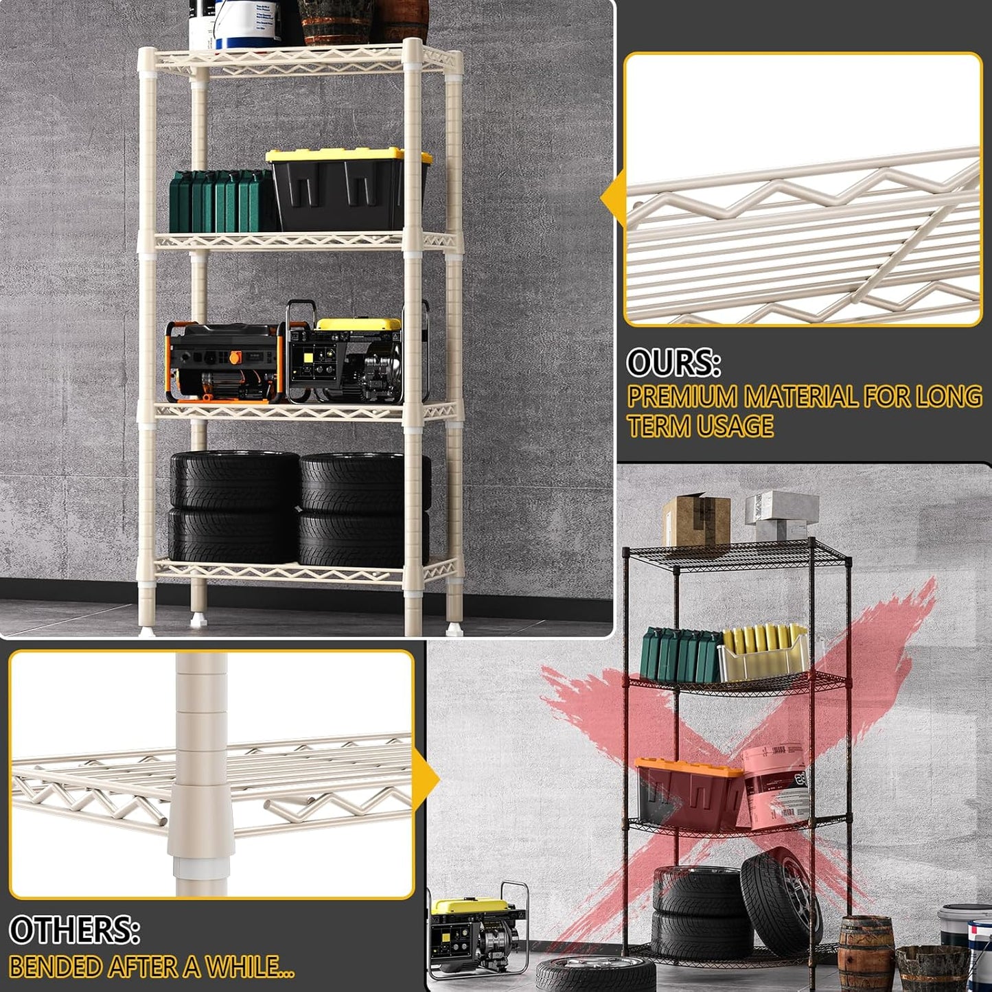 1000 lbs 4-Shelf Standing Storage Shelves Heavy Duty Metal Shelving Unit Adjustable Wire Rack for Office Garage Kitchen, Light Tan 11.8 D x 23.6" W x 47.5" H - NestledHome