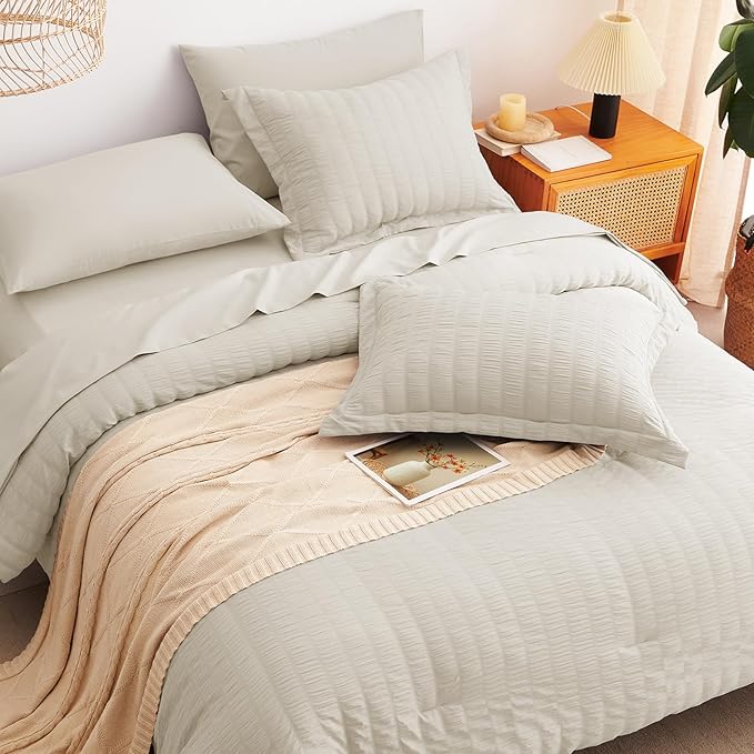 CozyLux Queen Comforter Set Oatmeal Seersucker 7 Pieces Bed in a Bag Queen Comforter Set with Sheets Luxury Soft Bedding Set with Down Alternative Comforter, Sheets, Pillowcases & Shams for All Season