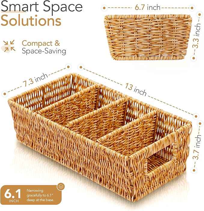 Nature-Inspired Rattan Pantry Organizer Baskets Set of 2 with 3 Removable Dividers – Handwoven Storage Bins for Kitchen or Bathroom Organization, Ideal for Snacks, Coffee & Tea (13” x 7.3” x 3.7”)