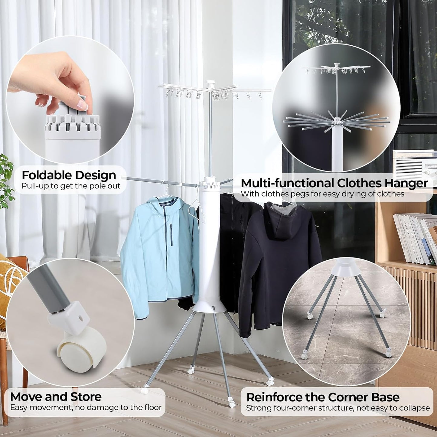 4-Legged Clothes Drying Rack Foldable,Octopus-Shaped Portable Laundry Drying Rack,Outdoor and Indoor Collapsible Drying Rack with 4 Pulleys,2 Tier - NestledHome