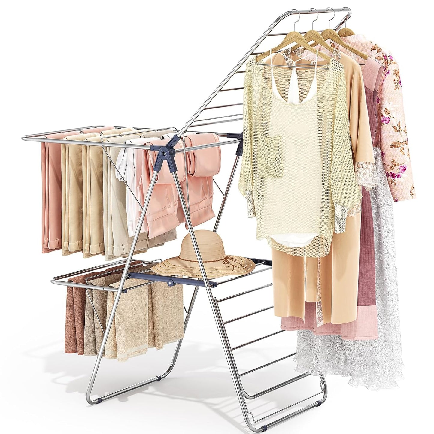 APEXCHASER Clothes Drying Rack with 4 Wings, Drying Rack Clothing with Height-Adjustable, Foldable Gullwings Laundry Drying Rack, Indoor Outdoor Use, No Assembly, Blue - NestledHome
