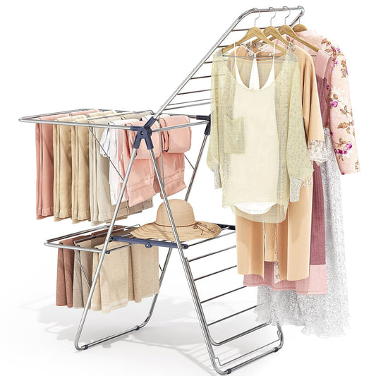 APEXCHASER Clothes Drying Rack with 4 Wings, Drying Rack Clothing with Height-Adjustable, Foldable Gullwings Laundry Drying Rack, Indoor Outdoor Use, No Assembly, Blue - NestledHome
