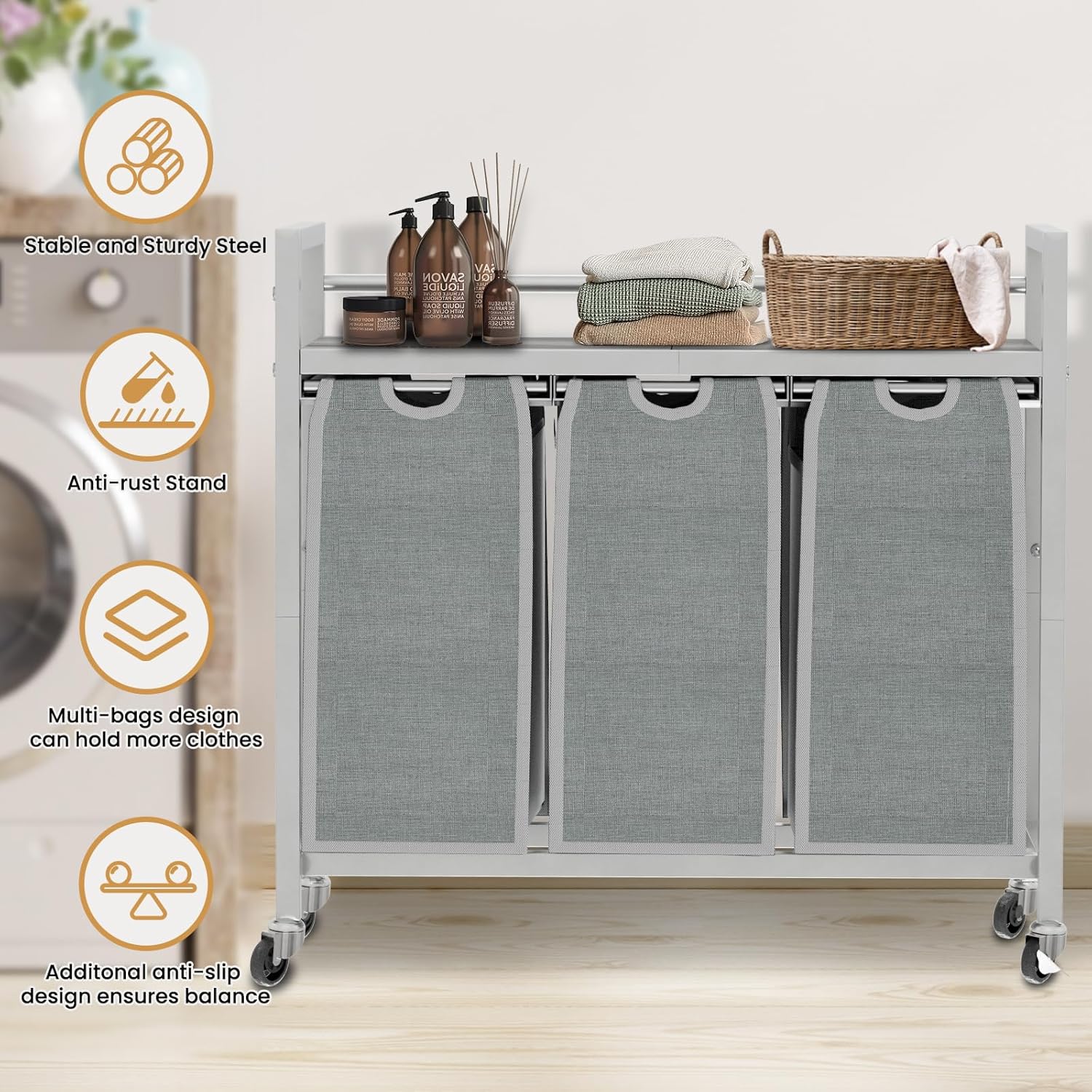 Laundry Hamper, Laundry Basket, Laundry Sorter with 3 Removable Bags, Clothes Basket with 3 Compartments, Wheels, Shelf for Laundry Room Bathroom Bedroom (3 Bags-Gray) - NestledHome