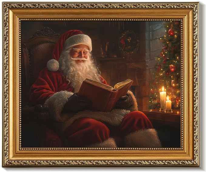 uniro Vintage Gold Framed Wall Art, Vintage Christmas Wall Decor Santa Claus Reading Book Canvas Art Prints Painting, Rustic Winter Holidays Xmas Poster, Farmhouse Christmas Picture Wall Decor for Bedroom, Living Room, Gallery, Winter Room Decor, Holid...