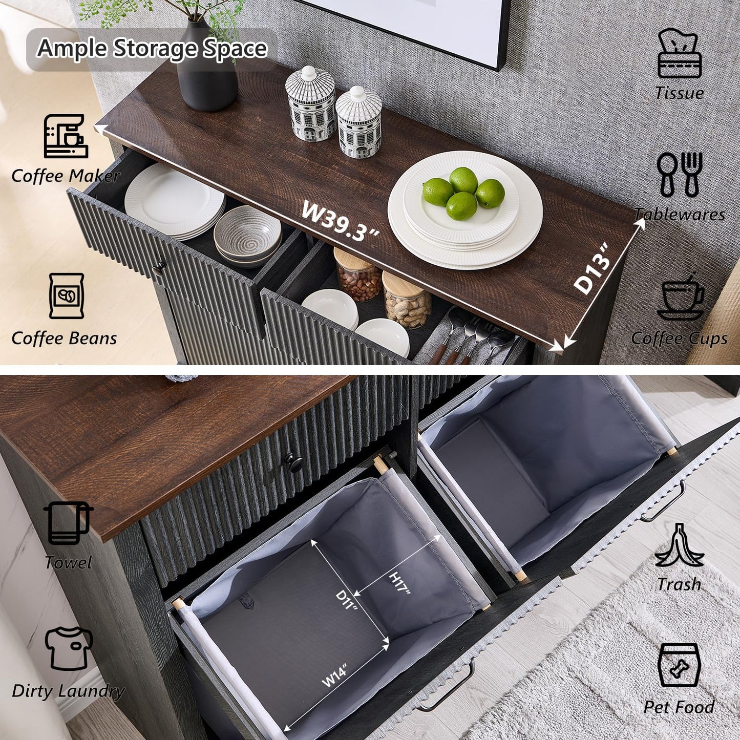 Modern Double Tilt-Out Trash Cabinet, 20 Gallon Fluted Laundry Hamper Cabinet with 2 Drawers, Wooden Hidden Garbage Can Cabinet with Storage Basket, Free Standing for Kitchen & Living Room, Grey - NestledHome
