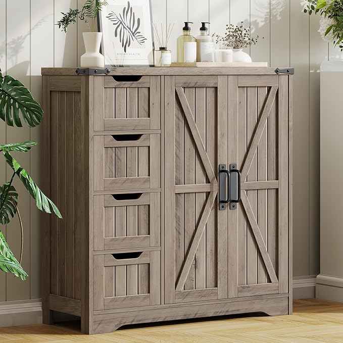 Vabches Farmhouse Bathroom Cabinet, Freestanding Storage Cabinet with 4 Drawers and 2 Doors, Rustic Storage Organizer with Adjustable Shelf for Bathroom, Living Room, Entryway, Grey