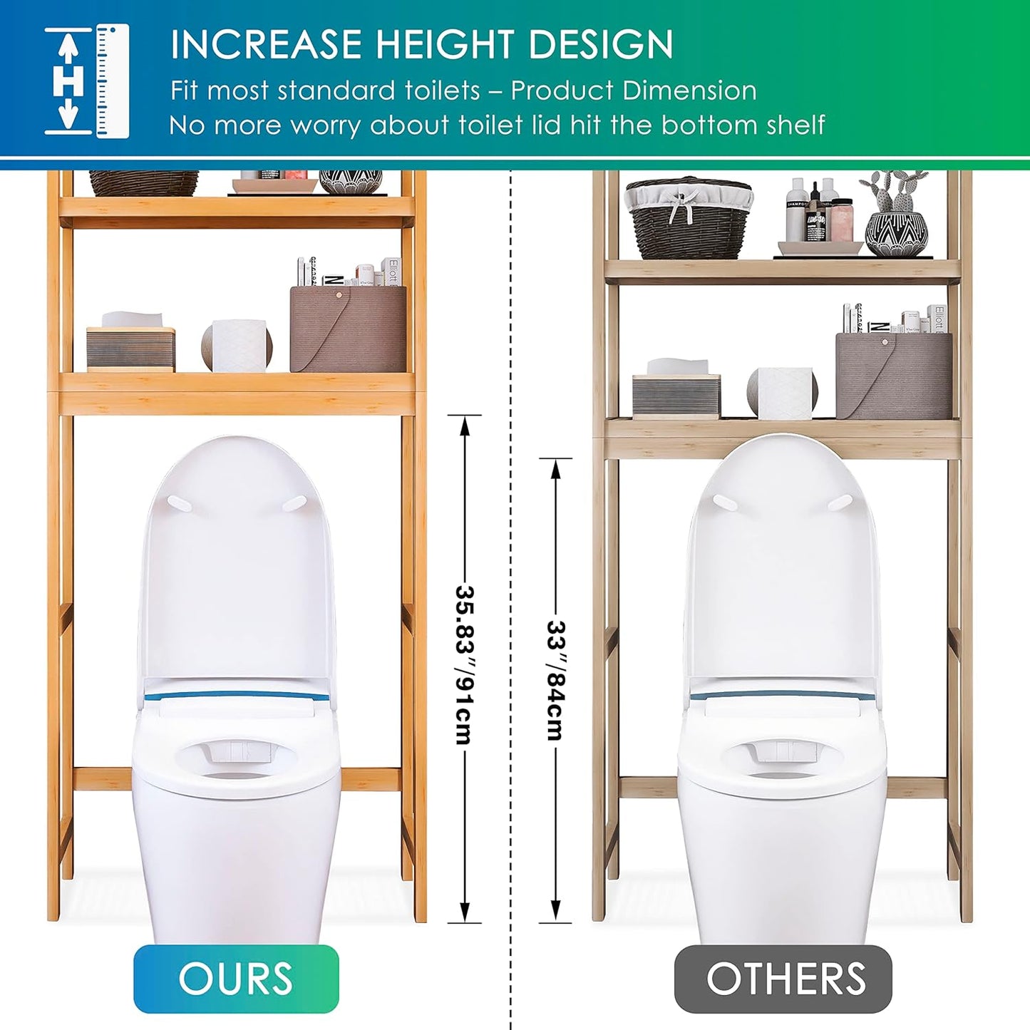 SMIBUY Bathroom Storage Shelf, Bamboo Over-The-Toilet Organizer Rack, Freestanding Toilet Space Saver with 3-Tier Adjustable Shelves (Natural) - NestledHome