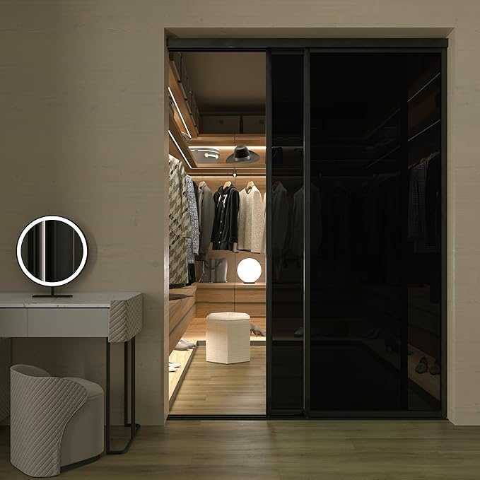 Glass Sliding Closet Door - Smoked Tempered Glass Room Dividers with Modern Aluminum Frame, Wardrobe Closet Doors Sliding Panels for Contemporary Home Design - Sliding Closet Doors 48 x 80