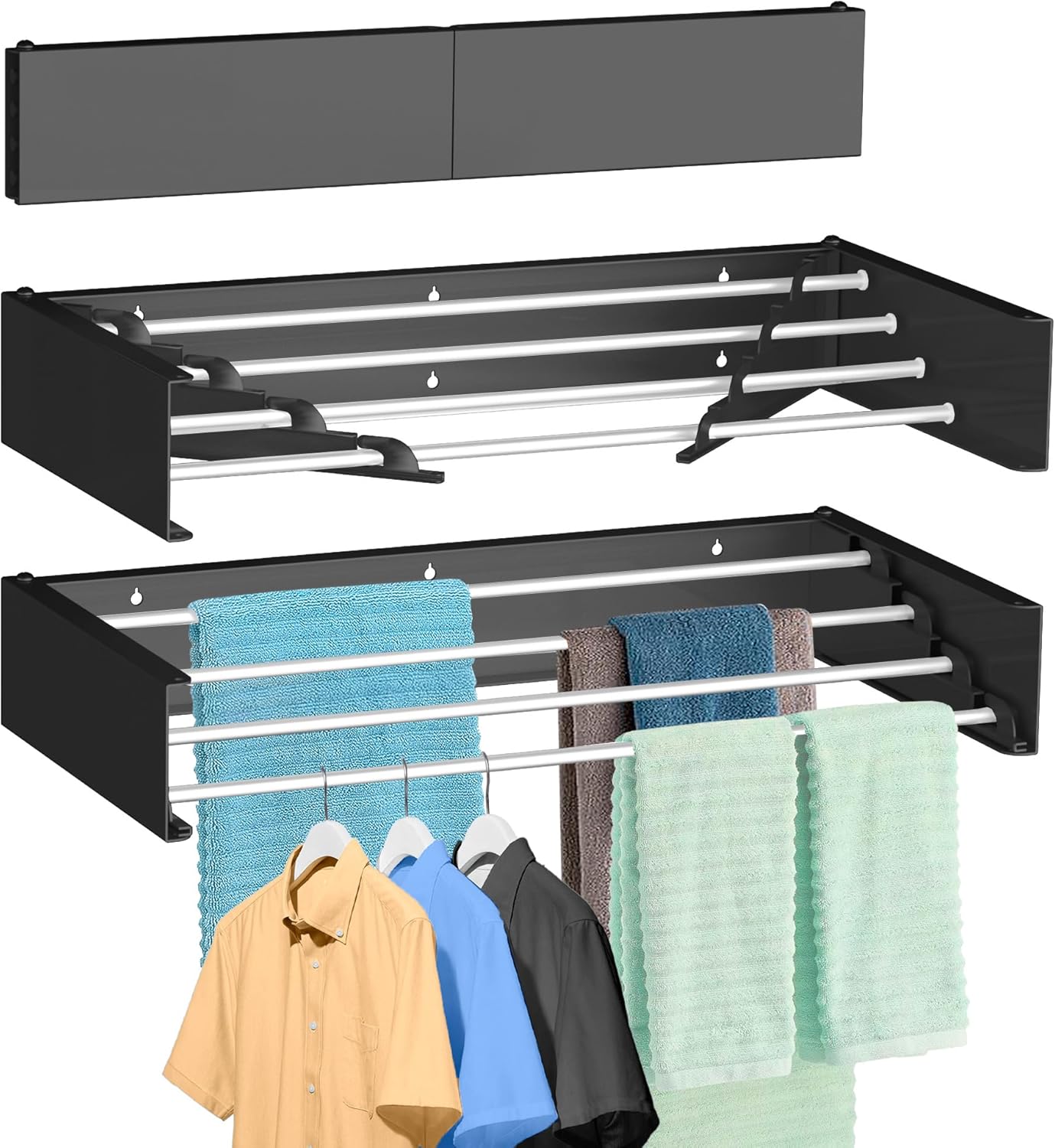 FOCHIER F Laundry Drying Rack Wall Mounted Clothes Drying Rack Collapsible with 5 Aluminum Rods and Drilling Template Long Screwdriver Bit 60 lbs Capacity (Black, 23.6“) - NestledHome