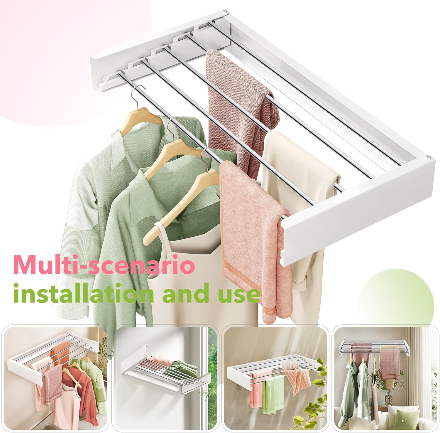 Wall Mounted Clothes Drying Rack 32 inches,Foldbale Laundry Drying Rack Wall Mount,Drying Rack Clothing Space Saver,Retractable,Collapsible,Folding Laundry Rack,White - NestledHome