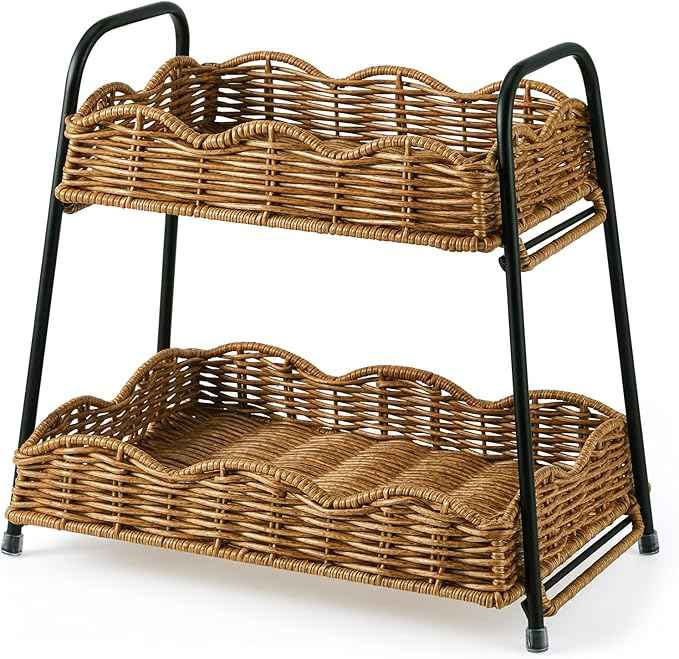 Geelin 2 Tier Stackable Cabinet Organizer Shelves 12.8" x 8.7" x 12" Kitchen Counter Shelves Natural Rattan Scalloped Wicker Basket Boho Spice Rack for Kitchen Bathroom Laundry Living Room Decoration
