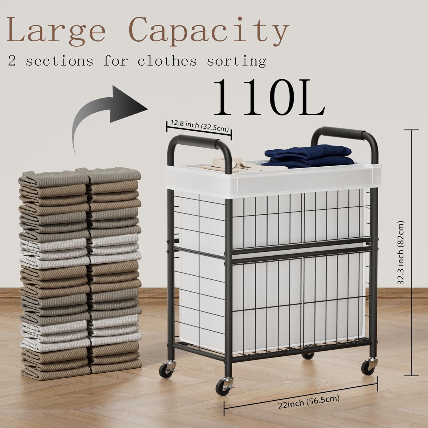 Laundry Hamper 2 Section, 110L Rolling Laundry Sorter Basket with Wheels, 2 Compartment Clothes Organizer Cart, Pull-Out Removable Bags for Laundry Room, Bathroom, Bedroom, White - NestledHome