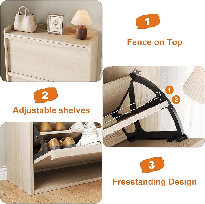 GarveeHome Shoe Cabinet with 3 Flip Drawers, Wooden Shoe Organizer Cabinet with Adjustable Shelf, Shoe Storage for Entryway, Hidden Shoe Cabinet for Hallway, Living Room, Natural Oak