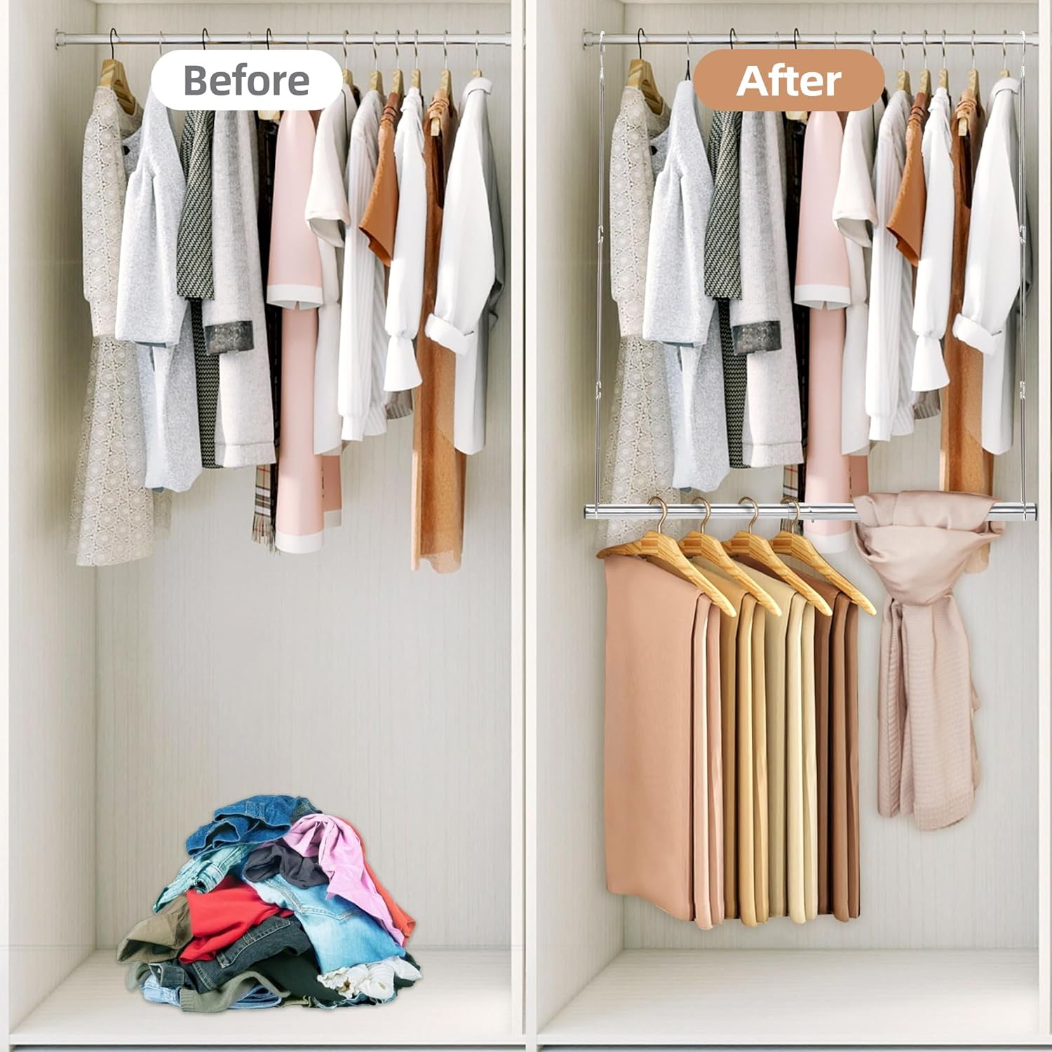STORAGE MANIAC Hanging Closet Rod, Adjustable Width and Height Closet Hanging Organizer, Space-Saving Clothes Hanging Bar, Closet Extender Hanging Rod Double Closet Hanging Rod, 1 Pack Chrome - NestledHome